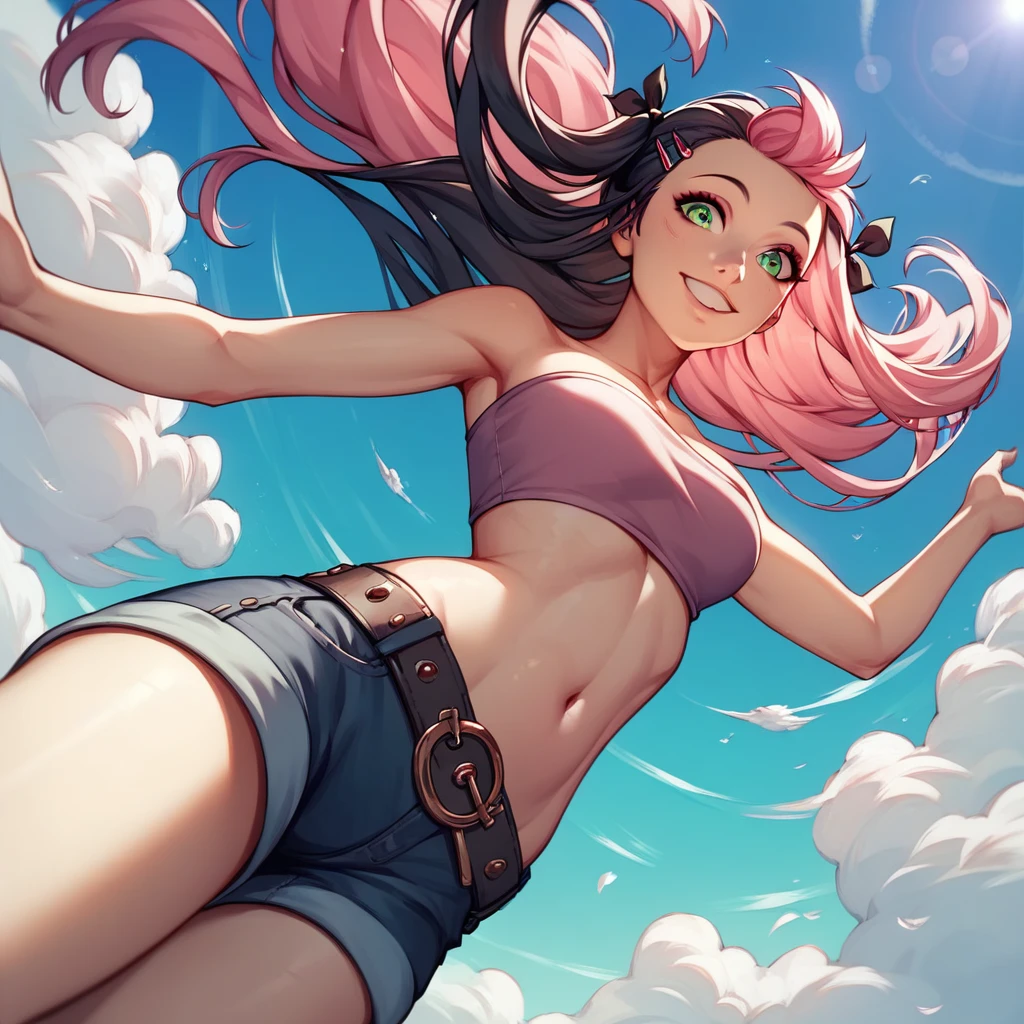 Highly detailed CG, High resolution, Highest quality, masterpiece,outdoors,blue sky,(((from below))),(((dynamic angle))),( 1 girl,Nicole Demara,( beautiful face, perfect face, highly detailed beautiful face and eyes, attractive face), ((jumping high)), pink hair, long hair,((two side up)),(( black hair ribbons)), ((((tube top)))), stomach a little,(black short jeans with belt, hair Clip, green eyes, (((slender eyes))), bare legs,happy,smile,glad),nicole_demara