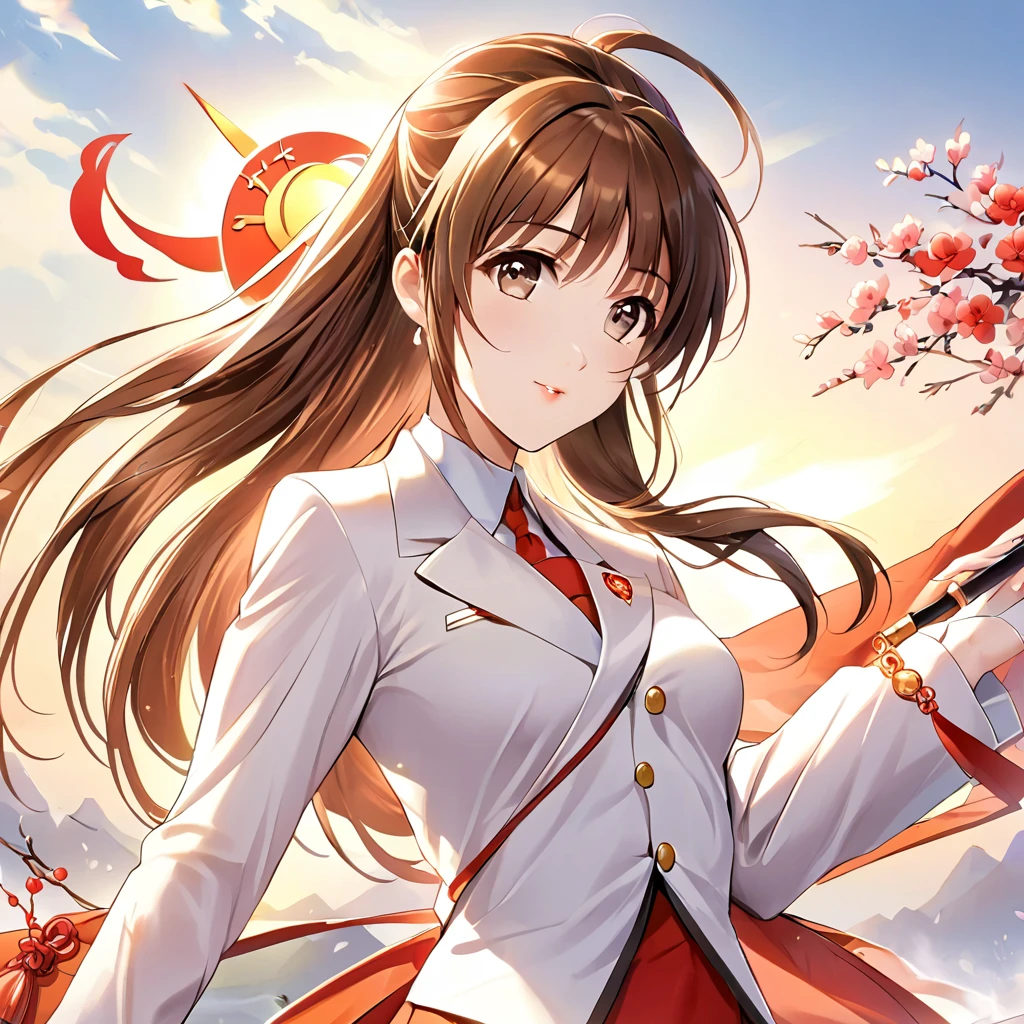 ((Best Quality)), ((masterpiece)), (detailed), （Perfect Face）、The woman is Nanoha Takamachi, wearing the uniform of a Chinese Communist Party member, adorned with luxurious jewelry, and wearing an engagement ring. She has medium-long brown hair.、A woman becomes a member of the Chinese Communist Party, a member of the great Chinese people in body and soul, and a Chinese lady.、The woman became Chinese and was used as propaganda around the world.々is being publicized