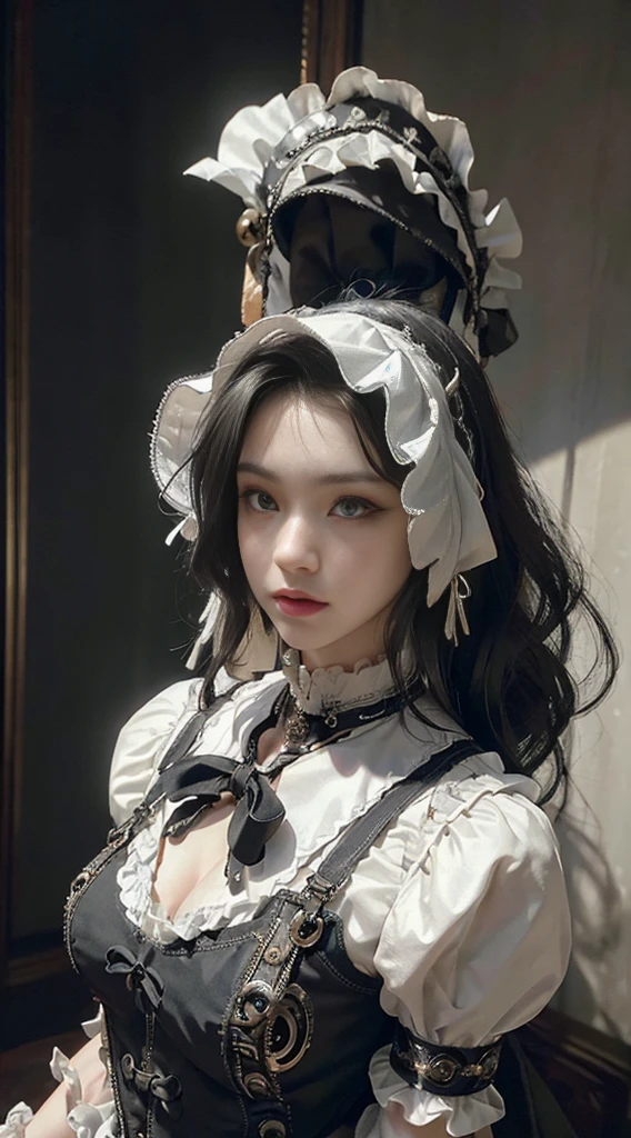 Full Body Shot、４ｋ、Super Resolution、Very realistic live action、Background of a luxurious mansion、A woman in a maid outfit、Chinese American、Her chest is E cup、Bizarre look、Super aggressive look、Wearing round glasses、Very narrow eyes and poor eyesight、Handguns in both hands crossed above head、A pose like one from an action scene、Black Hair、Her hair is very long and braided in twin tails.