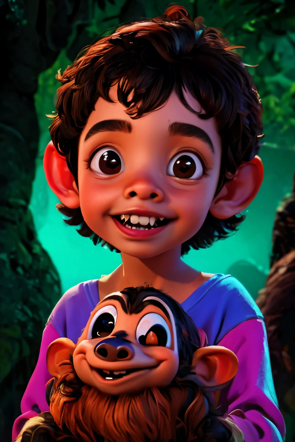 (best qualityer,4K,8k,high resolution,work of art:1.2),ultra detailed ,portraite, a young boy, 4yo,beautiful detailed Brown eyes, detailed, happy in a zoo night , in a dark zoo at night, horror, creppy, Monsters, illustration style,swirly vibrant colors,warm hues,soft lighting, creppy zoo background