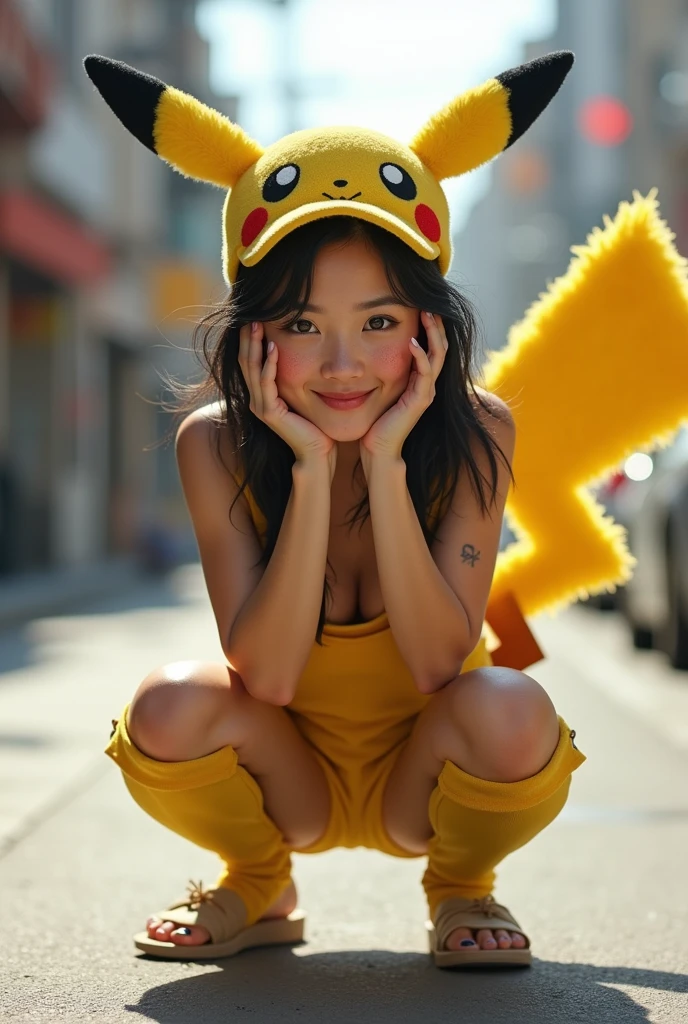 15 year old girl with medium length black hair, children's pigtails hair, Filipine facial structure, sad expression, golden necklace, she wearing a playboy bunny suit, bare shoulders, visible nipples, marked nipples, she in a park, kneeling on the floor, top view