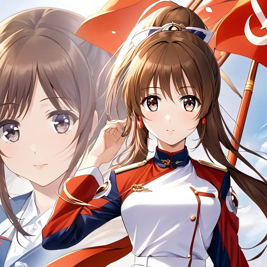 ((Best Quality)), ((masterpiece)), (detailed), （Perfect Face）、The woman is Nanoha Takamachi, wearing the uniform of a Chinese Communist Party member, adorned with luxurious jewelry, and wearing an engagement ring. She has medium-long brown hair.、A woman becomes a member of the Chinese Communist Party, a member of the great Chinese people in body and soul, and a Chinese lady.、The woman became Chinese and was used as propaganda around the world.々is being publicized