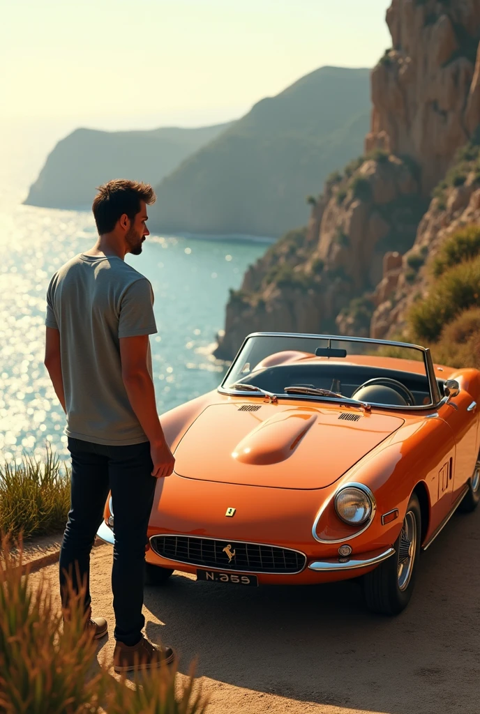 Black car stopped at the end of a paved road that ends at a large public building with a panoramic view of a large lake with water on all sides, lots of green and white sand beach with lots of people. Strong hairy bearded man in red underwear next to car.