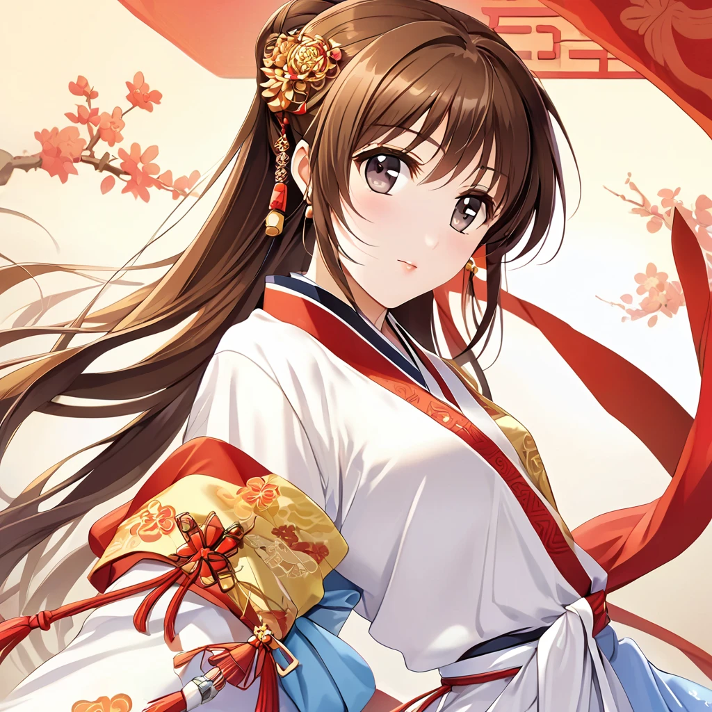 ((Best Quality)), ((masterpiece)), (detailed), (Perfect Face)、The woman is Nanoha Takamachi, wearing the luxurious Hanfu of a Chinese Communist Party member, adorned with luxurious jewelry and an engagement ring, and has medium-long brown hair.、A woman becomes a member of the Chinese Communist Party, a member of the great Chinese people in body and soul, and a Chinese lady.、The woman became Chinese and was used as propaganda around the world.々is being publicized