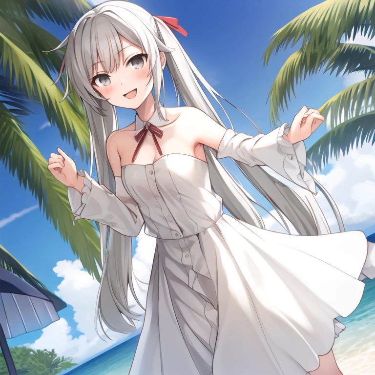 masterpiece, Best Quality, Beach, Kasugano Sora, happy, Bare Shoulder, White Dress, Gray Hair, Twin tails, Long Hair, Hair Ribbon, Looking at 