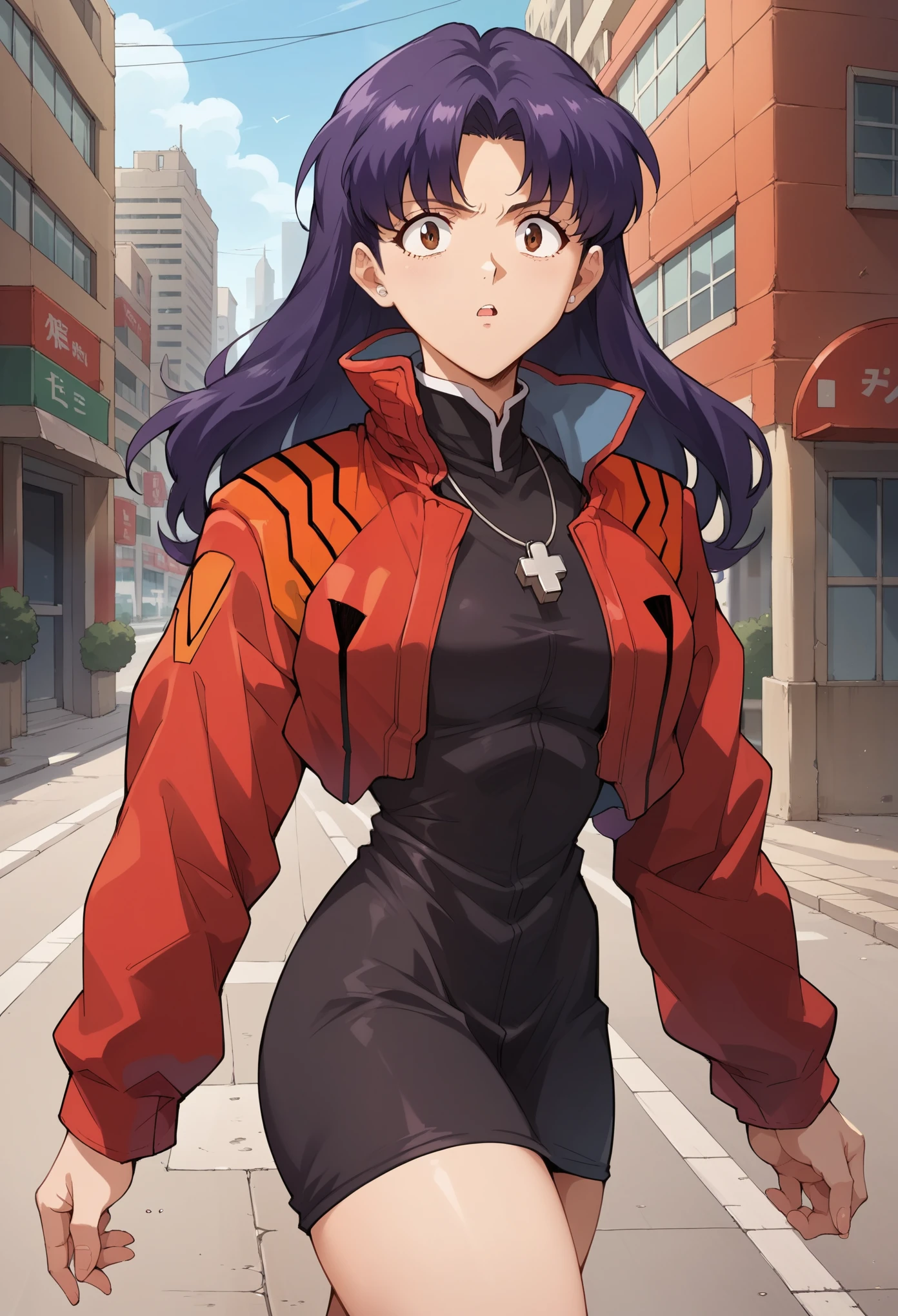 score_9, score_8_up, score_7_up, 1girl, solo, EPngeKatsuragiMisato, purple hair, brown eyes, long hair, long sleeves, jewelry, red jacket, cropped jacket, necklace,  cross necklace, black dress, open jacket, short dress, thighs, standing, surprised face, looking at you, street, city, cityscape