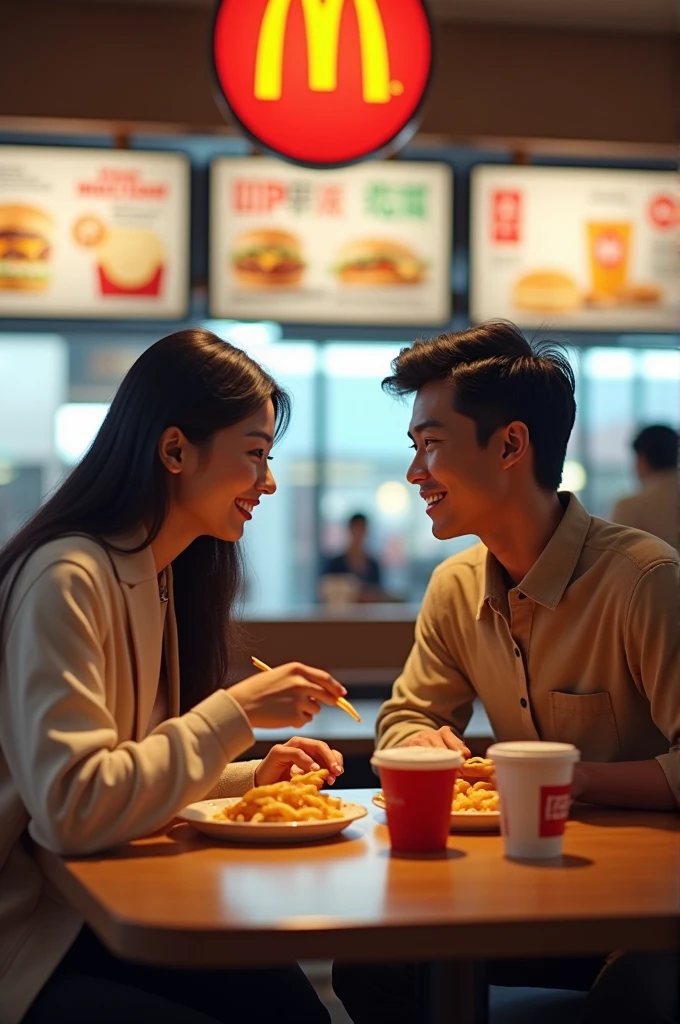 A fashionable Chinese couple,Holding KFC fries,Intimate smile,In the car,There is a clear KFC sign in the background
