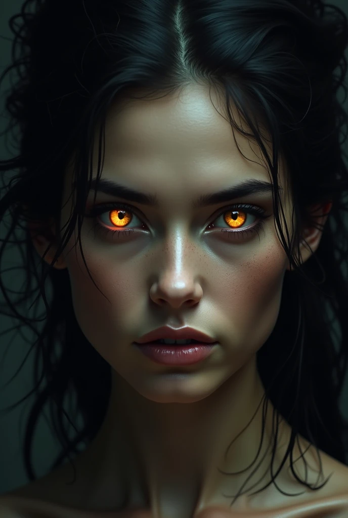 A close-up of a stunningly beautiful and sexy demon woman’s face. She has smooth, dark skin with a slight shimmer, and elegant, curved horns on her head. Her eyes are mesmerizing, with a fiery glow. She is sensually sucking on her finger, adding a seductive and mysterious allure to her expression. Her lips are full, slightly parted, and the lighting accentuates her otherworldly beauty and captivating presence.”