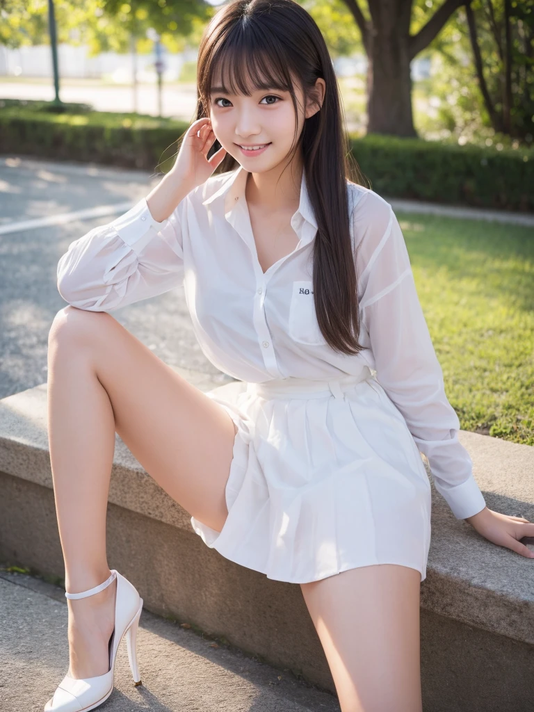 1 Japan model, young gravure idol, sophisticated gravure idol, Yoshitomo Nara, young skinny gravure idol, beautiful asian girl, young sensual gravure idol, young cute gravure idol, realistic young gravure idol, realistic sensual gravure idol, young gravure idol, sophisticated gravure idol, beautiful Asian girl, Colorful and perfect iconography, perfect proportions full body, nice perfect face with soft fair skin, perfectly arranged facial features, (see the viewer), big, outdoors, stairs, lifting clothes, show panty, white panty, spread legs, white shirt, flared skirt, (((lift skirt))), from below (lift skirt)), from below (lift skirt)),