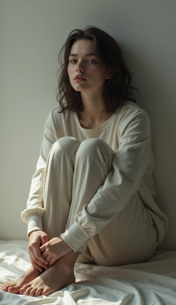 a sad person sitting on the bed