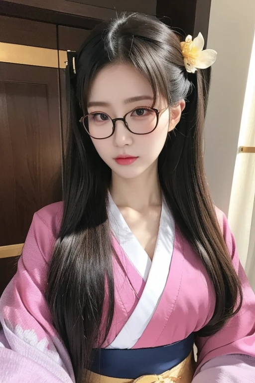 Best Quality、masterpiece、High sensitivity、High resolution、Detailed Description、Delicate facial depiction、Slender women、Glasses、kimono、Hairstyle、Hairpin、