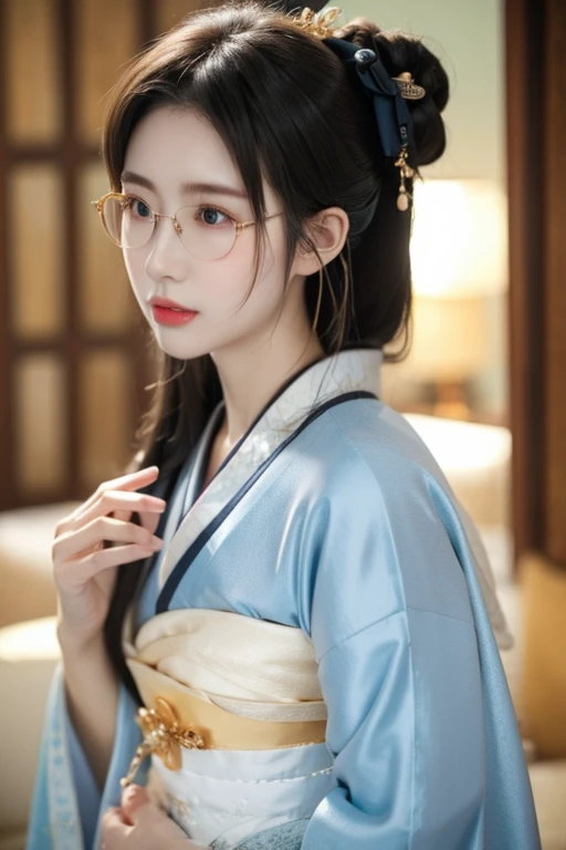 Best Quality、masterpiece、High sensitivity、High resolution、Detailed Description、Delicate facial depiction、Slender women、Glasses、kimono、Hairstyle、Hairpin、