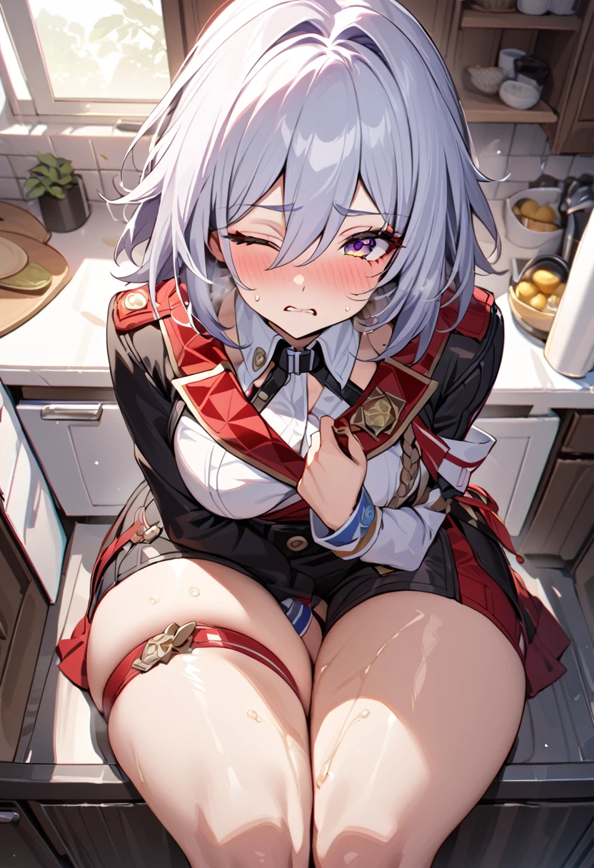 Absurd resolution, high resolution, (masterpiece:1.4), ultra-detailed, 1girl, wide-angle lens distortion, shy, sexy pose, sexual invite expression, in the kitchen, thighs, hand between legs, have to pee, leg together, cute, one eye closed, heavy breathing, topaz from honkai star rail, squishy thighs, masturbating, sitting, leaning forward, bitting lower lips