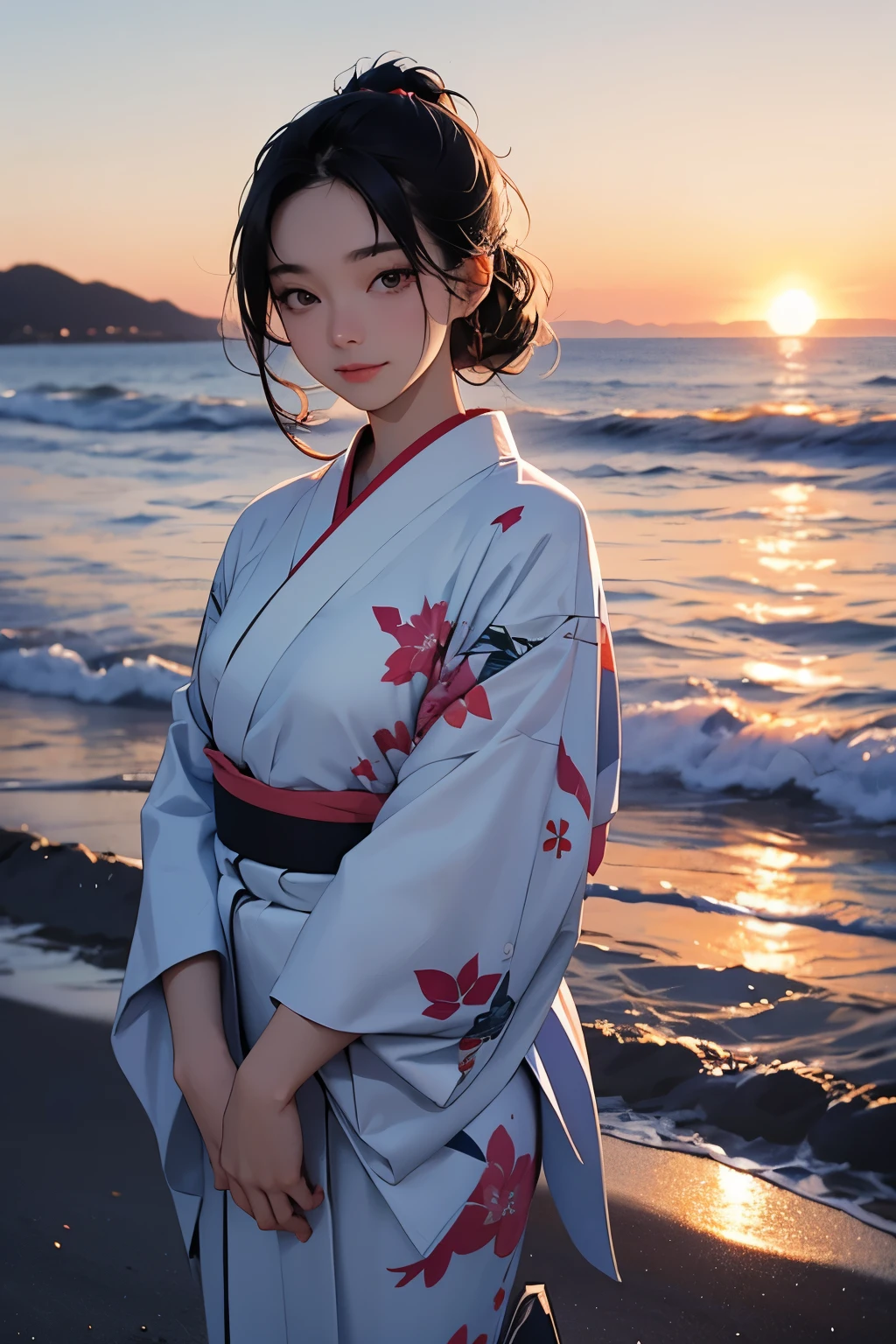 photograph. A beautiful woman. Twenty years old. Black hair. Japanese. She is wearing a kimono and watching the sunrise at the seaside.