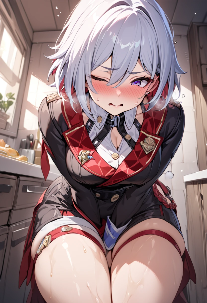 Absurd resolution, high resolution, (masterpiece:1.4), ultra-detailed, 1girl, wide-angle lens distortion, shy, sexy pose, sexual invite expression, in the kitchen, thighs, hand between legs, have to pee, leg together, cute, one eye closed, heavy breathing, topaz from honkai star rail, squishy thighs, masturbating, sitting, leaning forward, bitting lower lips, sex expression