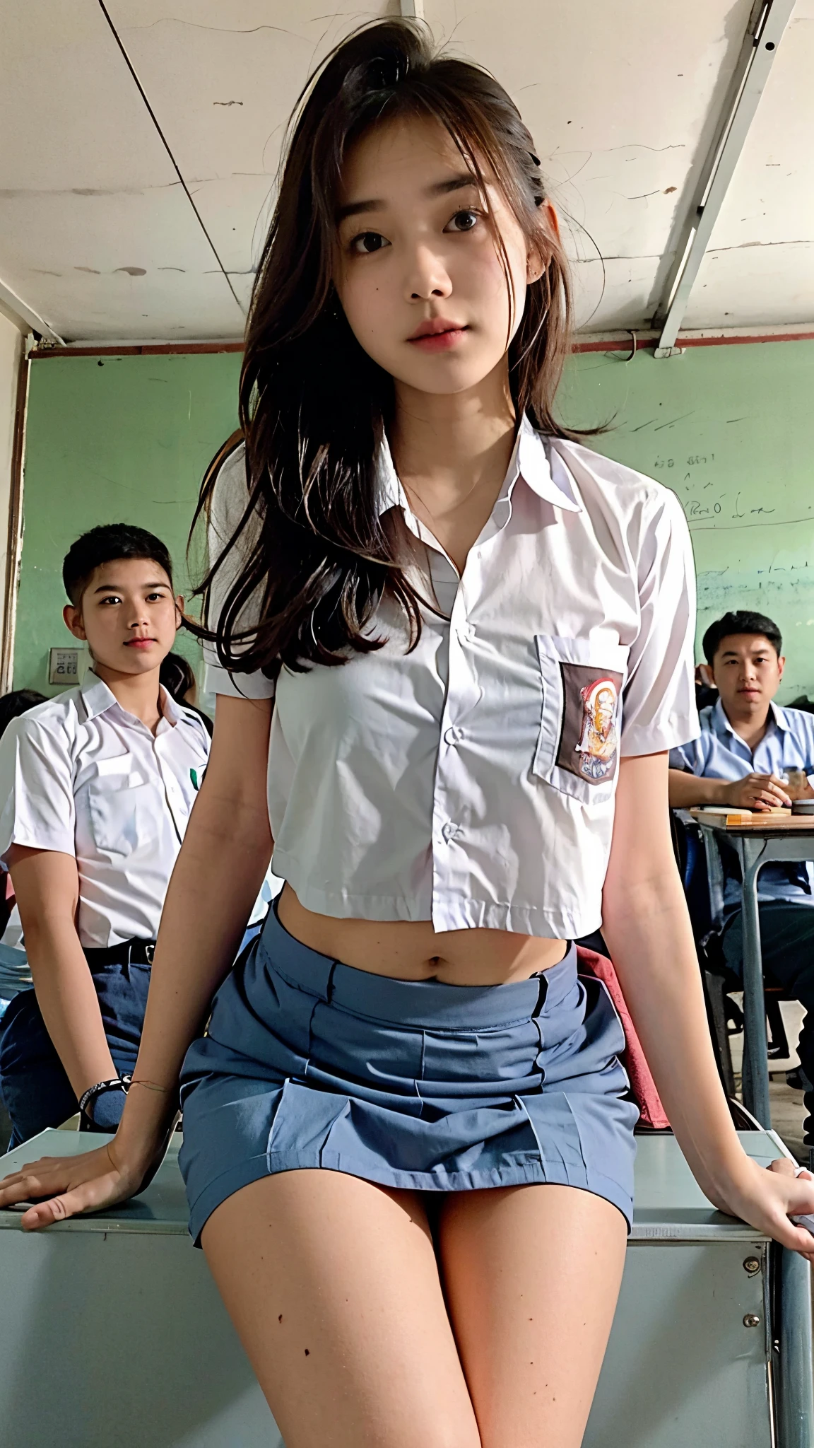 "Design an 8k image of a classroom scene featuring a focused medium breasts girl wearing croptop cleavage shorthair sitting at a desk, studying with her books and notes spread out in front of her. She is positioned in the middle of the classroom, while two men older, stand behind her, observing her progress. The men could represent a teacher and an assistant or supervisors, both dressed professionally. The classroom is bright and well-organized, with a whiteboard at the front, educational posters on the walls, and large windows allowing natural light to stream in. The atmosphere should feel attentive and academic, highlighting the girl’s dedication to her studies and the men’s supportive presence."