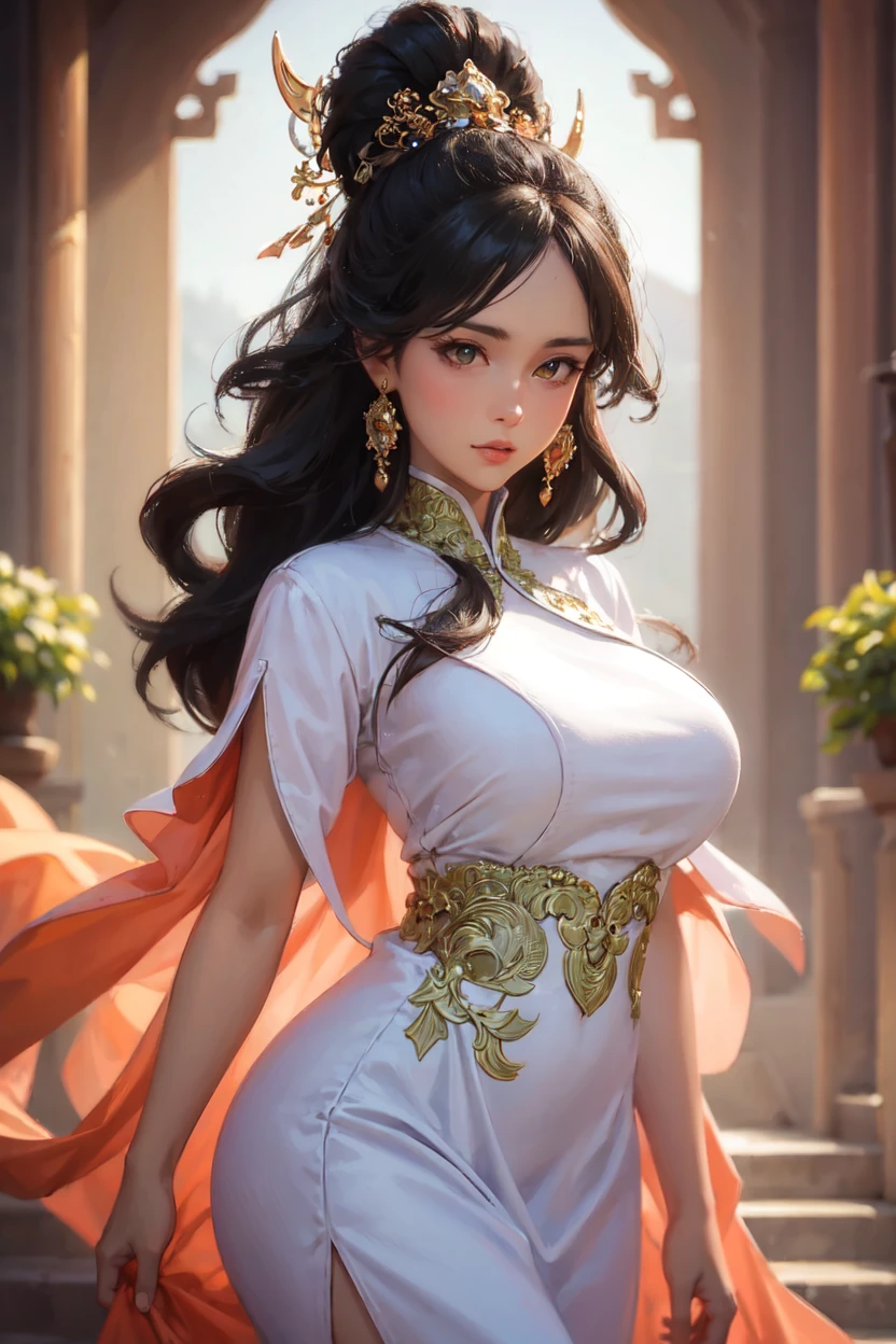 A beautiful girl, 22 years old, sexy theme, perfect face shape, oversize model, mature woman, tall long legs, (((super huge breasts))), (((glazed pupils))), long messy hair, happy,  hand details, finger details, beautiful anime Huaifu style girl, super detailed painting, luminescism, art concept art by Kahn Griffith and Vadim Kashin,  abstract beauty, standing, close to perfection, pure form, golden ratio, concept art, by Brian Froud, Carne Griffiths, Wadim Kashin and John William Waterhouse, intricate detail, 16k post-production, high resolution, hyperdetail, Artstation trend, sharp focus, studio photos, intricate detail, high detail,She wears the traditional Vietnamese dress ao dai , ao dai Vietnamese,She has big breasts, saggy breasts,She has beautiful big round eyes ,Double eyelid,Beautiful face