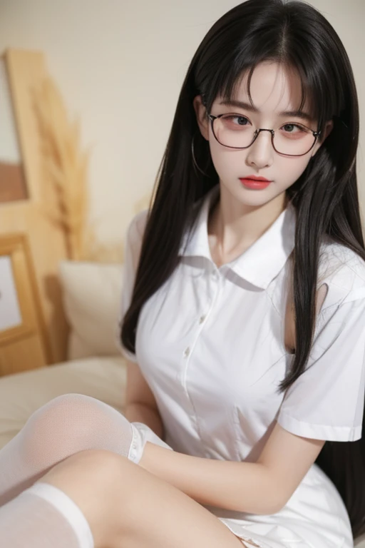 Best Quality、masterpiece、High sensitivity、High resolution、Detailed Description、Delicate facial depiction、Slender women、Glasses、Embarrassed expression、Cheeks、Round-collar shirt、White Stockings、