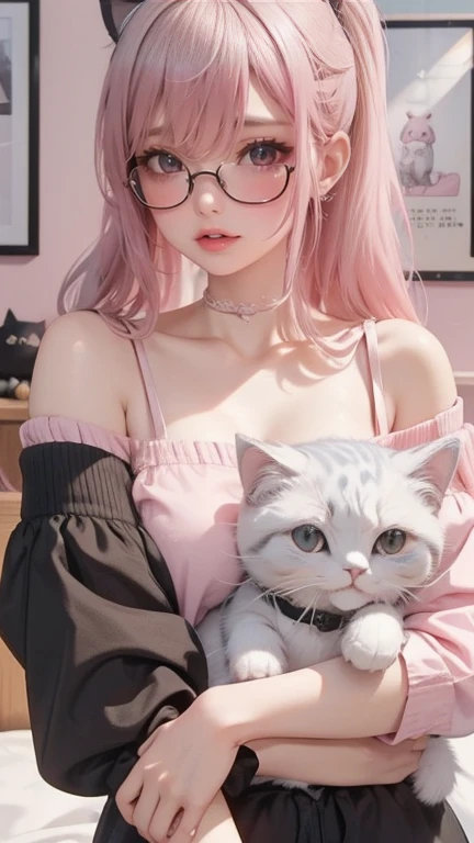 (best quality,realistic,hdr,best anatomy),cartoon_portrait,1girl,solo,looking at viewer,short hair,simple background,pink hair, pink eyes, full body shot, closed mouth, animal ears, wearing underwear, pink shoes, cat, tanktop, big breasts, glasses, lying in bed, lips, in the photo from above, white background,, sexy body, red lips,18 years