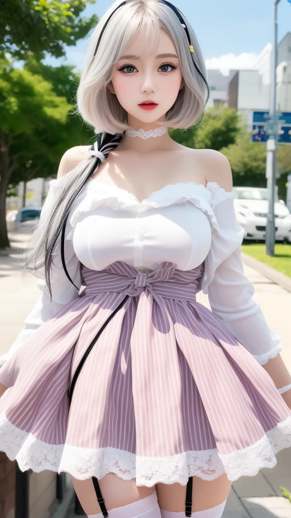 nsfw:1.2、piercings、shirt with collar、Long bangs、(((Inside a cool clothing store)))、(tmasterpiece、top-quality、in 8K、32K、​masterpiece、nffsw、(ultra gigantic tits)、超A high resolution、Impresionismo、Photorealsitic:1.2)、cowboy  shot、foco nítido、Beautiful face with detailed face and eyelid background、blue open sky、shinny skin、Sharp pupils、Realistic eyes and beautiful face、blurry backround、18 year old beautiful girl、shinny skin、(((bright and beautiful hair)))、Black eyes、(((puff sleeve lace blouse)))、(Knee-length skirt)、(Very small(blanche)I see scanti:1.45)、thighs thighs thighs thighs、Curve、Dynamic Poses、Powerful composition、((Melancholy look))、((A look of contempt))、Sweating、((pink beige hair color))、Lace panties、((Sauce order))、lofty nose、(small mouth)、skirt rift、((Grabbing the skirt))、stockings、Pubic hair is visible、store clerk、(Wearing a name tag)