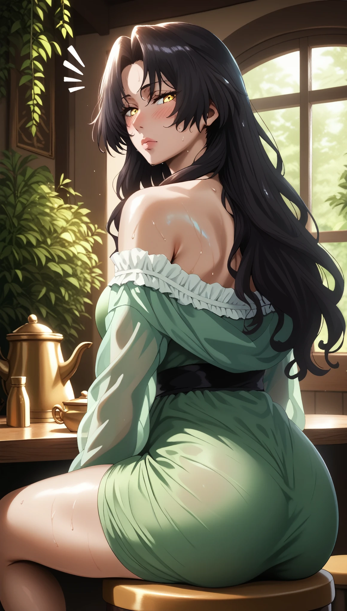 (hero neisan style:0.7), score_9, score_8_up, score_7_up, score_6_up, dominique de sade, long hair, black hair, parted bangs, yellow eyes, BREAK beautiful detailed eyes, beautiful detailed lips, extremely detailed face and portrait, elegant expression, soft warm lighting, volumetric lighting, cinematic composition, detailed environment, lush garden, vibrant colors, intricate details, masterpiece, high resolution, digital painting, excessive sweating, sweating profusely, sweating drop BREAK, 1girl, green dress, ass, sitting, solo, dress, breasts, short dress, table, looking at viewer, blush, indoors, off shoulder, medium breasts, thighs, off-shoulder dress, closed mouth, notice lines, bare shoulders, bottle, bare legs, kettle, looking back, long sleeves, see-through, stool, off-shoulder jacket, jacket, open clothes, from behind, gloomy expression, half-closed eyes, sweating profusely, excessive sweating, sweating drop,
