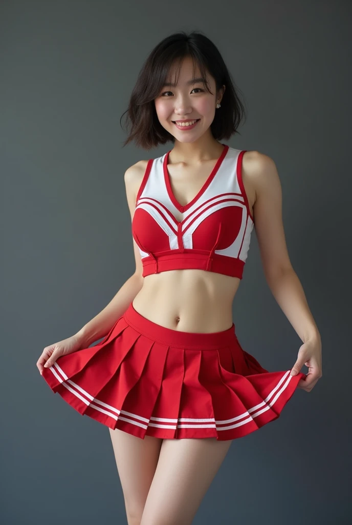 (masterpiece:1.5, Top image quality, 8K、Photorealsitic:1.9)、(cheer girl:1.5)、(a miniskirt)、((A smile:1.3))、(Brown eyes)、21years old、独奏, soft boob,Young girl cleavage、no-bra, Latina, puberty, Sheer panties、 frombelow, Beautiful feet、coxa、Bedrooms、 shinny skin、Glossy lips、Beautiful skin、Muscle exposure、Light on the Face、Cheer Dance Club、1 persons、((embarassed face))、Beautiful navel、