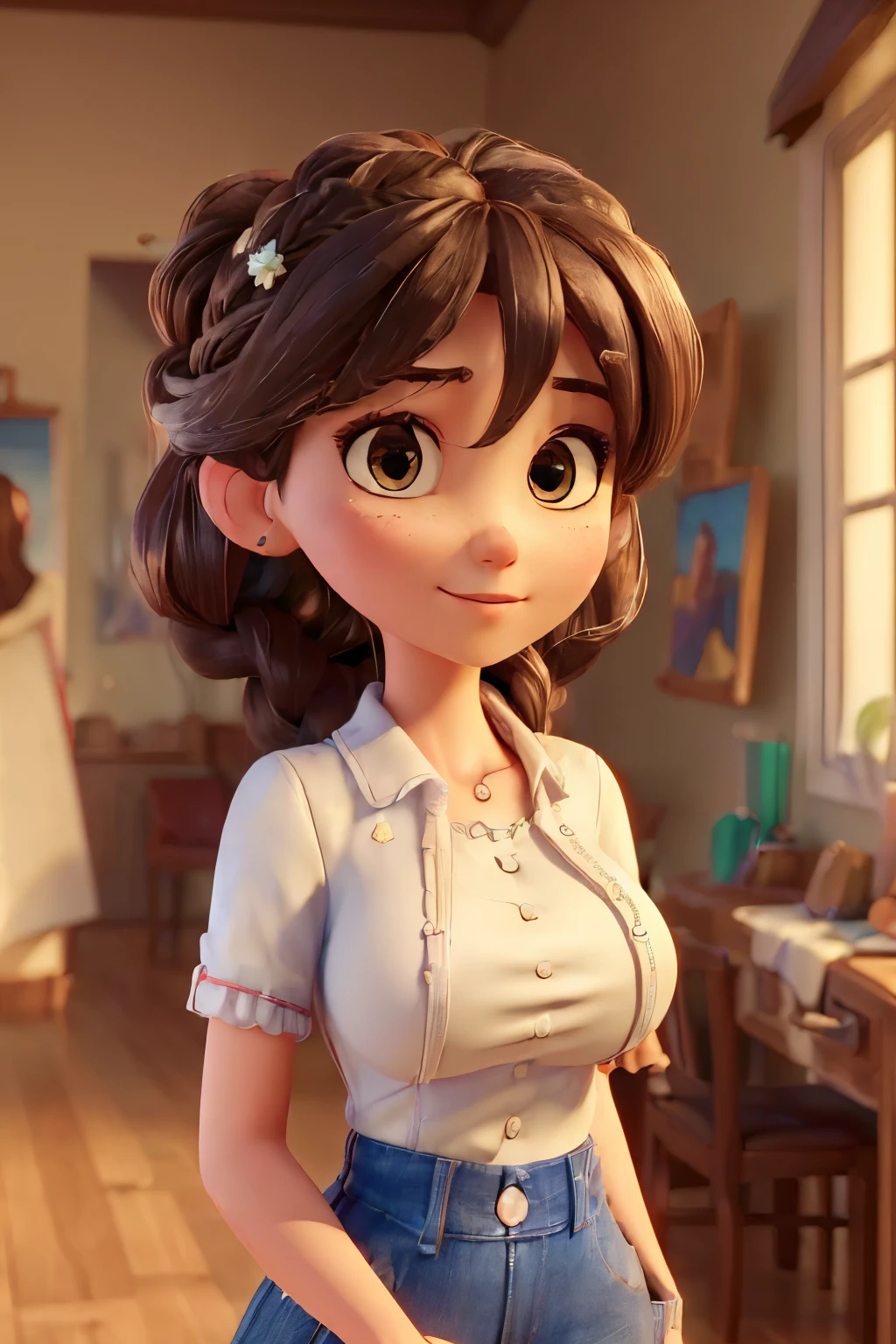 A girl with black hair and brown eyes, working as a seamstress. She has beautiful detailed eyes and long lashes. The image should be of the best quality, ultra-detailed, and photorealistic, showcasing the intricate details of the girl's face and expression. The scene should capture the atmosphere of a small, cozy sewing room, with colorful fabrics, sewing tools, and a sewing machine. The lighting should be soft and warm, highlighting the girl's features and creating a peaceful ambiance. The artwork should have a realistic style with vivid colors, making it feel alive and immersive.