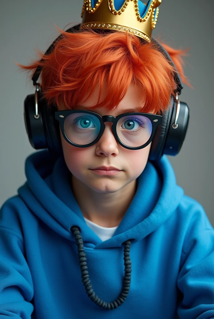 1 boy, short blue hair, blue eyes, wearing white glasses, wearing a hoodie, sitting in front of a computer, opening a cellphone, high quality, 8k