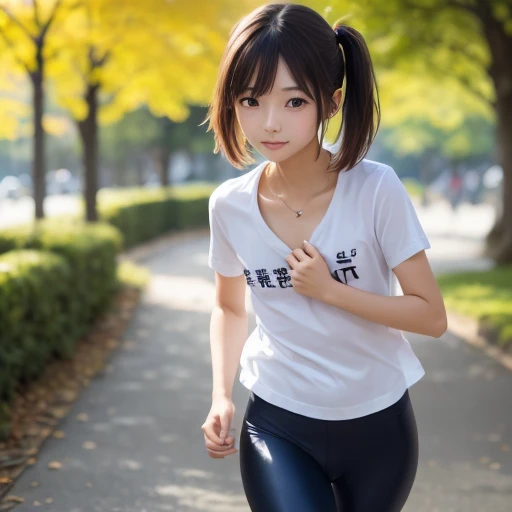 1 Realistic young japanese cute girl,,a very cute japanese anorexic woman is running,wearing dark blue leggings,white t-shirt,lighe orange hoodies,around in park,4K, 8K, (Masterpiece, best quality:1.2),Very realistic eyes, perfect face,20years old,thin girl,((skinny girl)),slim girl,small girl,childish girl,(((flat chest))),(((small breast))),white skin,short twin tail hair,