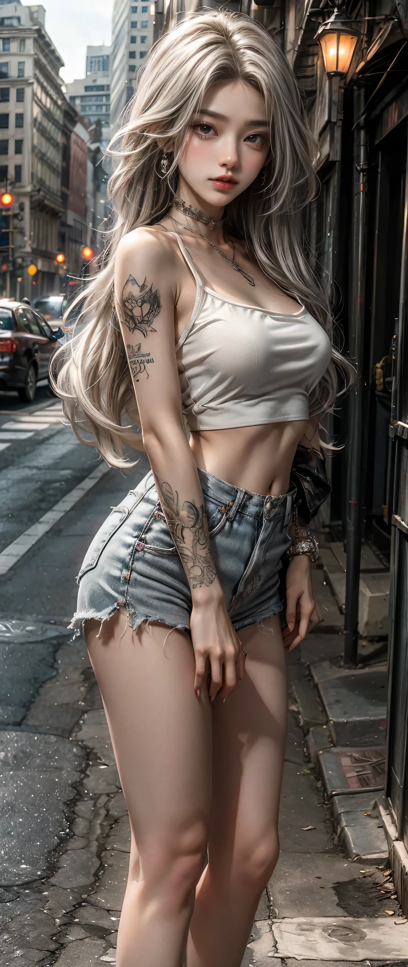 White-haired woman showing off her genitals on the street,Pubic hair is thick,prengant,Love tattoos