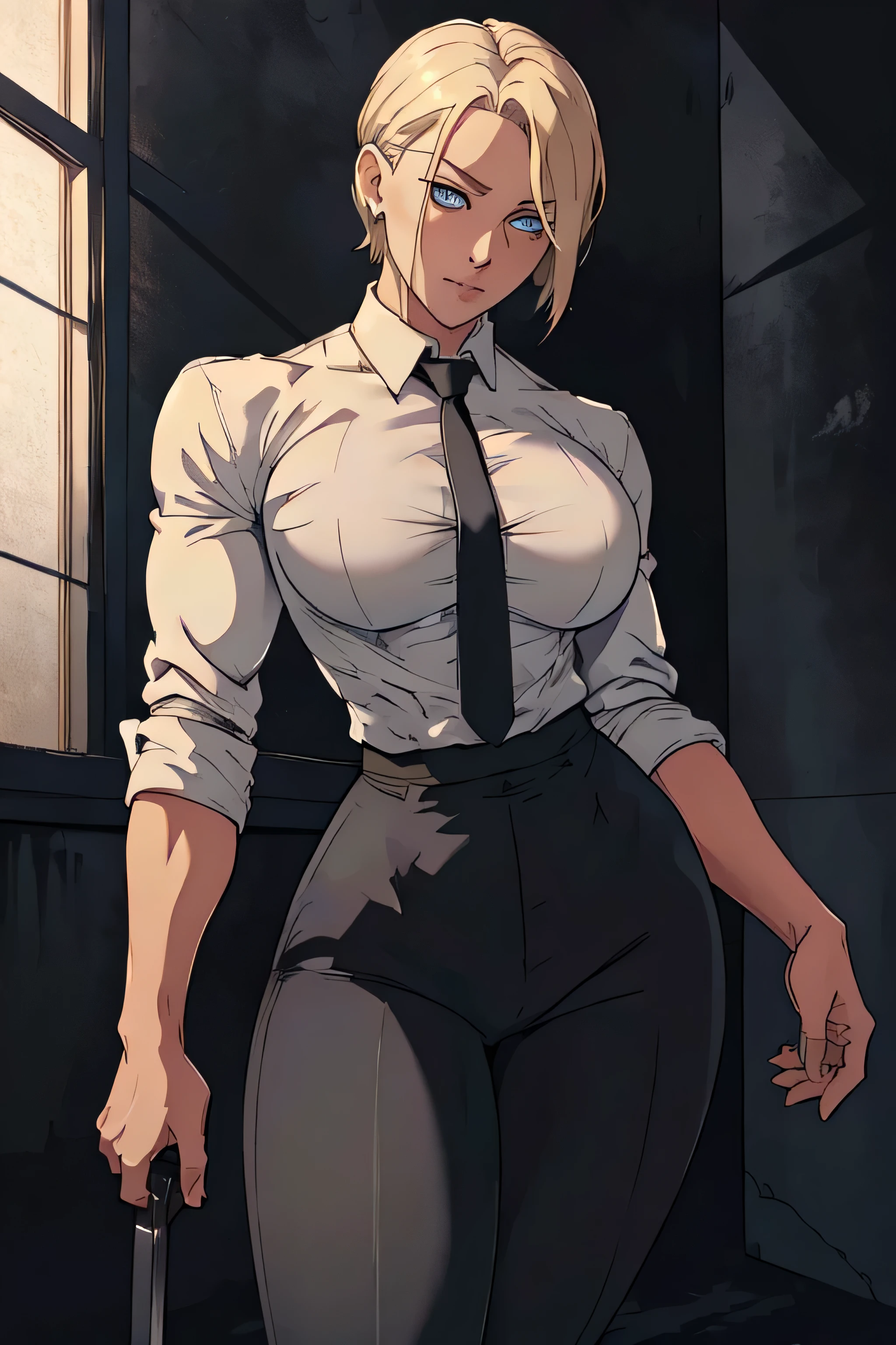 Girl with short blonde hair, blue eyes, wearing A white dress shirt, breasts, with a black tie, defined body, wearing black dress pants, defined waist, hips, collared shirt, shirt with ripped sleeves, charcoal-stained white shirt, girl using An iron gauntlet