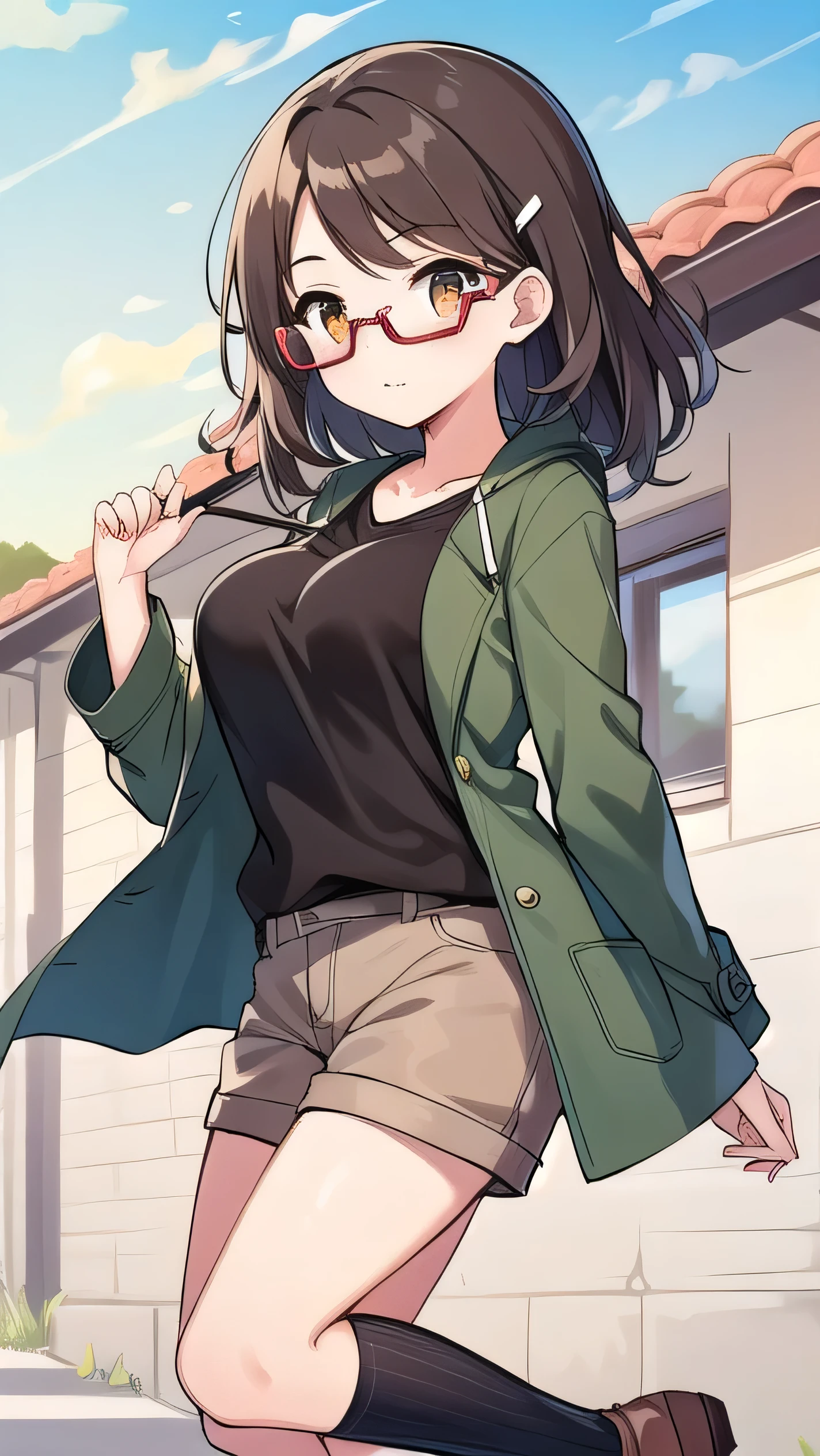 (((4K,8K,Highest quality,Perfect Fingers:1.3,Perfect Anatomy:1.3,Background Blur))),12 years old.woman,((Four fingers and thumb:1.3)),((Perfect human hand:1.3)),((The right number of limbs:1.3)),(alone),futabasakura, futaba sakura, Black Hair, Glasses, Long Hair,(Blunt bangs:1.1),(Purple eyes:1.1), black Knee socks, Fur trim, fur-trimmed Jacket, green Jacket, Jacket, Off the shoulder, off-shoulder shirt, shirt, t-shirt, Knee socks,((Large sagging breasts)),(((Sweat:1.3))),(blush),super oily,View your viewers,((forest:1.3)),((Dark Sky:1.3)), Contrasting,Smiling Kindly, Spread your arms, Cowboy Shot, No sleeve,長い乳首の上にNo sleeve,(figure:0.8), (Beautiful attention to detail:1.3), Highly detailed face, Highly detailed CG, young,Thigh gap,(I want to pee),(Wet crotch),((Blurred Background:1.3)),(Detailed Background:1.1),