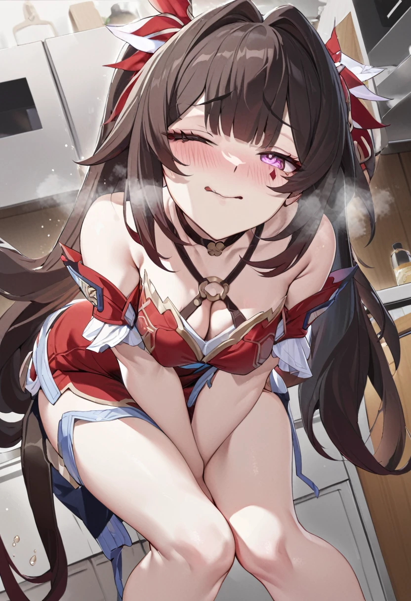 Absurd resolution, high resolution, (masterpiece:1.4), ultra-detailed, 1girl, wide-angle lens distortion, shy, sexy pose, sexual invite expression, in the kitchen, thighs, hand between legs, have to pee, leg together, cute, one eye closed, heavy breathing, sparkle from honkai star rail, squishy thighs, masturbating, sitting, leaning forward, bitting lower lips, sex expression