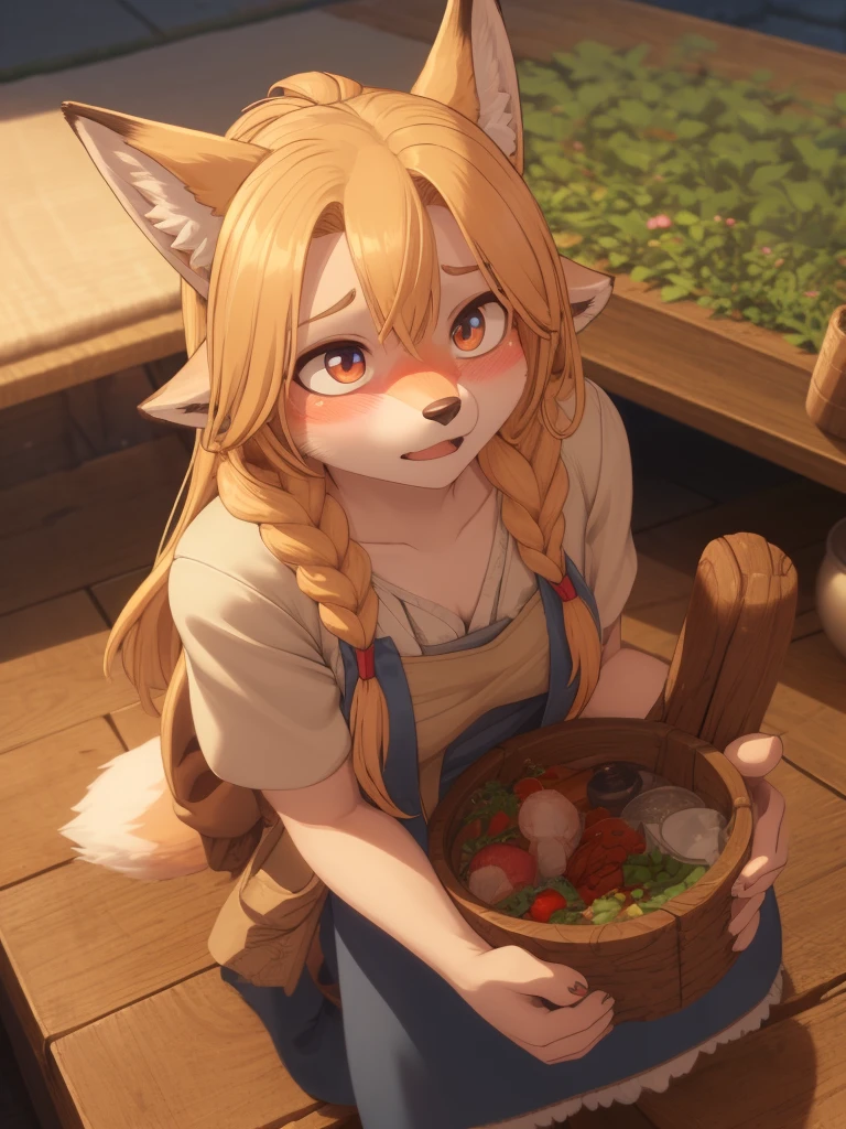 A detailed 3D render of a female anthropomorphic fox, furry fox girl, closeup view from above, wearing an apron over a naked body, embarrassed expression with blushing, highly detailed, 4K, photorealistic, studio lighting, vibrant colors, intricate detail