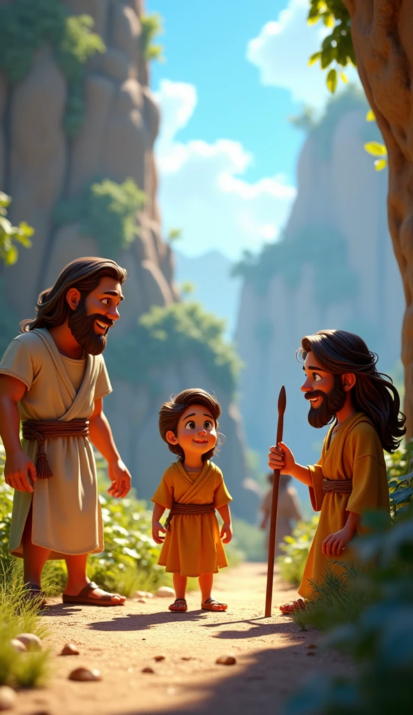 A 3D image in Disney-Pixar style of Jesus  as a  teenager playing one of his friends broke his ankle and jesus went to help him