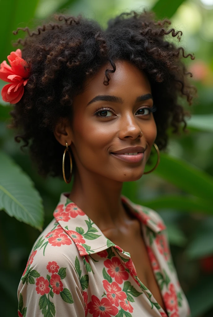 A Brazilian woman in a lush tropical garden, wearing an open shirt with a floral print, with a close-up capturing the harmonious beauty between her breasts and the natural flowers, showing off your natural charm and outgoing personality.