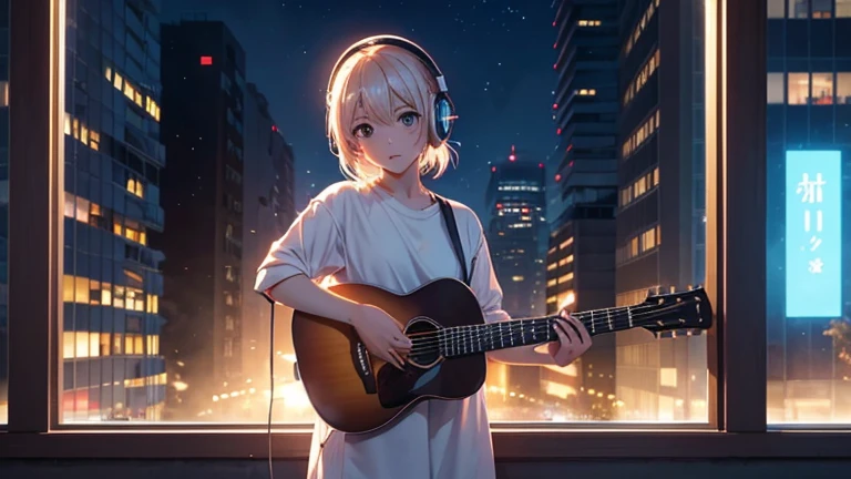 Draw an anime character standing by a window、Expressing the morning light shining in. The character is wearing a white shirt and holding a guitar, (Headphones on your head)With a confident and lively look、Ready to face the day. A vibrant cityscape is projected in the background., As the day turns to night、As night falls, the street lights flicker. The characters are vivid、 , It symbolizes the theme of the song. Incorporating elements such as musical notes and rhythm into the characters、Highlighting their musical journey。. The whole atmosphere is full of energy., Lively, And full of hope