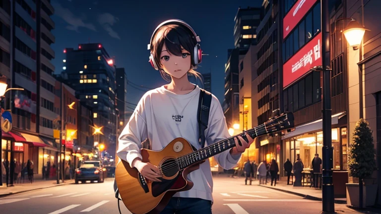 Draw an anime character standing by a window、Expressing the morning light shining in. The character is wearing a white shirt and holding a guitar, (Headphones on your head)With a confident and lively look、Ready to face the day. A vibrant cityscape is projected in the background., As the day turns to night、As night falls, the street lights flicker. The characters are vivid、 , It symbolizes the theme of the song. Incorporating elements such as musical notes and rhythm into the characters、Highlighting their musical journey。. The whole atmosphere is full of energy., Lively, And full of hope