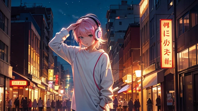 Draw an anime character standing by a window、Expressing the morning light shining in. The character is wearing a white shirt and holding a guitar, (Headphones on your head)With a confident and lively look、Ready to face the day. A vibrant cityscape is projected in the background., As the day turns to night、As night falls, the street lights flicker. The characters are vivid、 , It symbolizes the theme of the song. Incorporating elements such as musical notes and rhythm into the characters、Highlighting their musical journey。. The whole atmosphere is full of energy., Lively, And full of hope