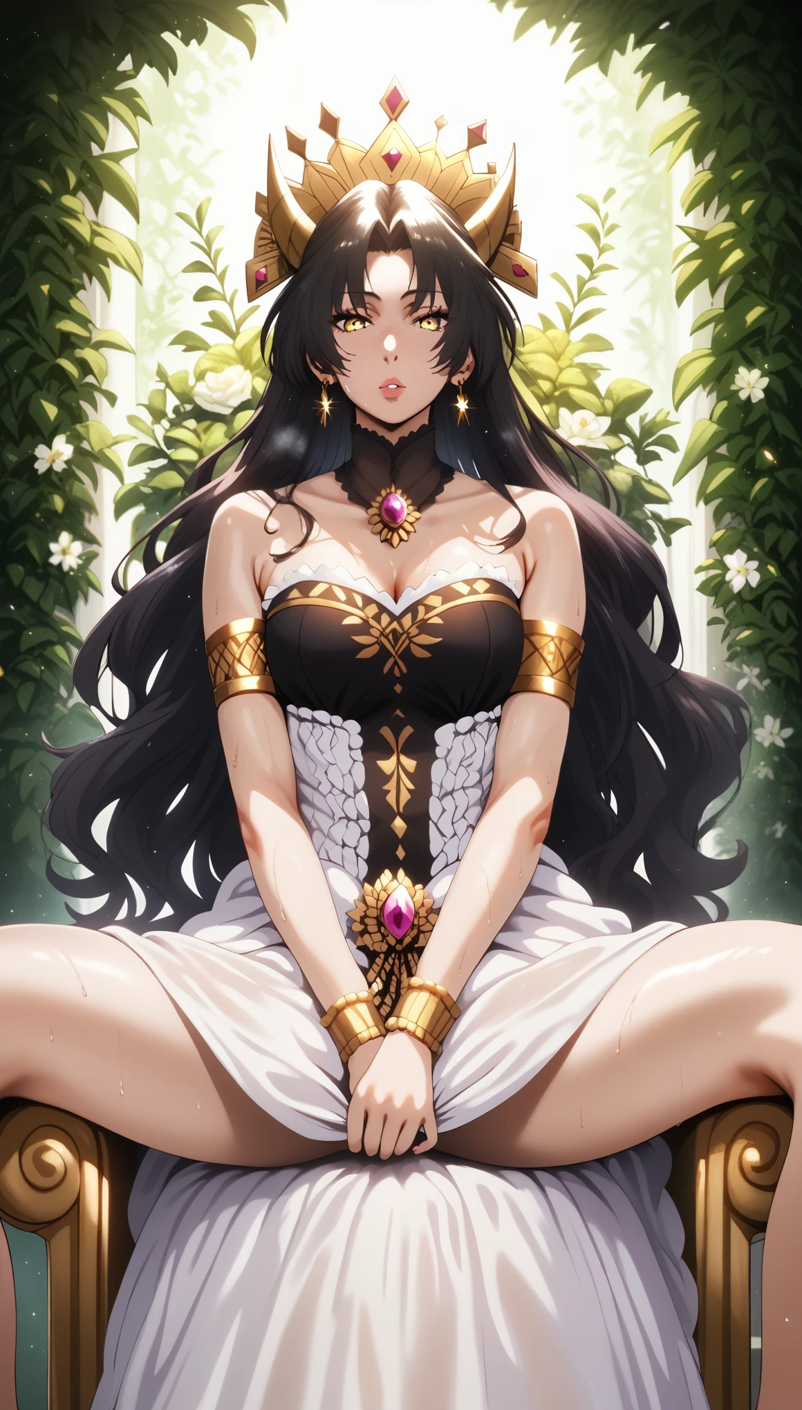 (hero neisan style:0.7), score_9, score_8_up, score_7_up, score_6_up, dominique de sade, long hair, black hair, parted bangs, yellow eyes, BREAK beautiful detailed eyes, beautiful detailed lips, extremely detailed face and portrait, elegant expression, soft warm lighting, volumetric lighting, cinematic composition, detailed environment, lush garden, vibrant colors, intricate details, masterpiece, high resolution, digital painting, excessive sweating, sweating profusely, sweating drop BREAK, 1girl, sitting, (spread legs:1.3), solo, jewelry, earrings, throne, dress, full_body, bare_shoulders, looking_at_viewer, crown, breasts, white_dress, hall