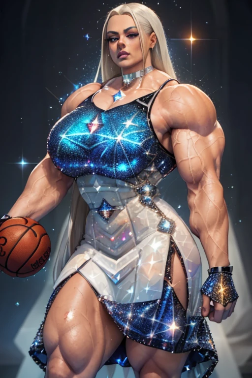 ((Close-up)), tall, (White hair) beautiful muscular woman, long straight hair, brown skinned, closed smile, (black lipstick), (massive muscles), (hyper muscle), ((ginormous bulky muscles)), blue eyes, ((((long sparkly white Crystalline basketball jersey Dress)))), (Crystalline fingerless gloves), choker, (Crystalline gauntlets) high heels, ((surrounded by ice)), (on top a mystical city) 