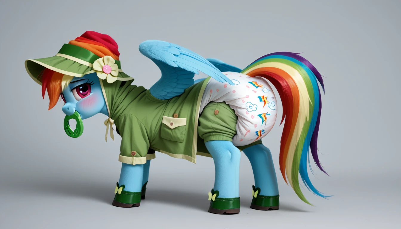 blue pony pegasus alone, blue fur all over the body, Rainbow Dash, adult mare, rainbow mane, gathered in a green bonnet, rainbow tail, cherry eyes, stands on four hooves, rear hooves spread wide apart, dressed in a green bodysuit with light pink butterfly patterns with holes for two blue wings on the back of the garment and green booties, green pacifier in mouth, solo, thick diaper under clothes, pink blush on cheeks, disturbance, awkwardness, simple background. 