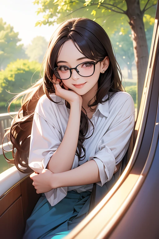 Best Quality、masterpiece、High sensitivity、High resolution、Detailed Description、Delicate facial depiction、Slender women、Glasses、Smiling face、From the slide in the park、