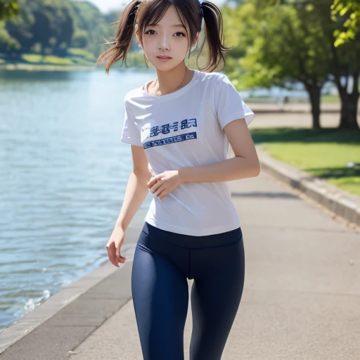 1 Realistic young japanese cute girl,,a very cute japanese anorexic woman is running,wearing dark blue leggings,white t-shirt,lighe orange hoodies,around in park,4K, 8K, (Masterpiece, best quality:1.2),Very realistic eyes, perfect face,20years old,thin girl,((skinny girl)),slim girl,small girl,childish girl,(((flat chest))),(((small breast))),white skin,short twin tail hair,around lake in park,sunny day,((lower body:2.0)))