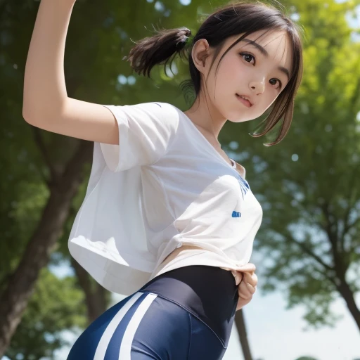 1 Realistic young japanese cute girl,,a very cute japanese anorexic woman is running,wearing dark blue leggings,white t-shirt,lighe orange hoodies,around in park,4K, 8K, (Masterpiece, best quality:1.2),Very realistic eyes, perfect face,20years old,thin girl,((skinny girl)),slim girl,small girl,childish girl,(((flat chest))),(((small breast))),white skin,short twin tail hair,around lake in park,sunny day,((lower body:2.0))),((view from below:1.5))