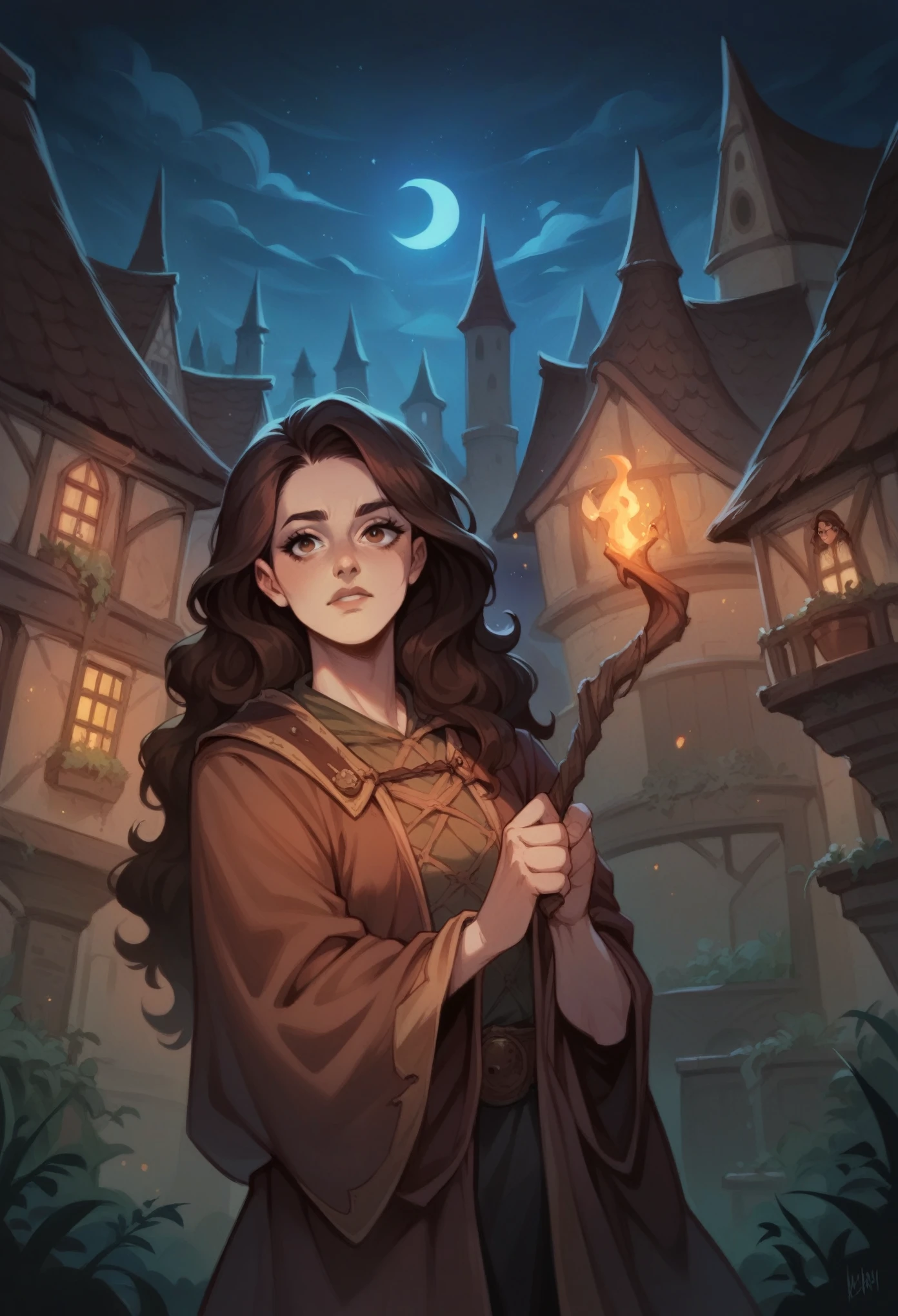 Dark brown eyes , girl ,dark  brunette ,long hair ,Slytherin , Hogwarts in the background, Night , friendly , a but arrogant,