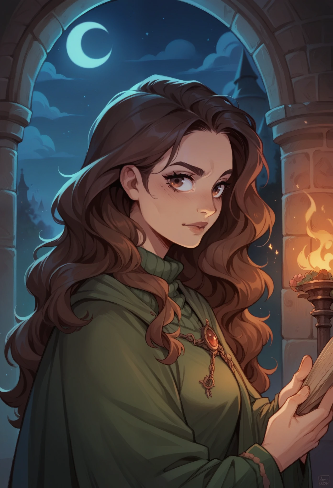 A beautiful woman with green eyes and brown hair, she is a witch sorceress, wearing white and gold robes, noble robes, A princess of magic and a tired look;, She's drinking a glass of wine. ((corada)) Dramatic wooden wall background An art for an RPG A medieval art for RPG