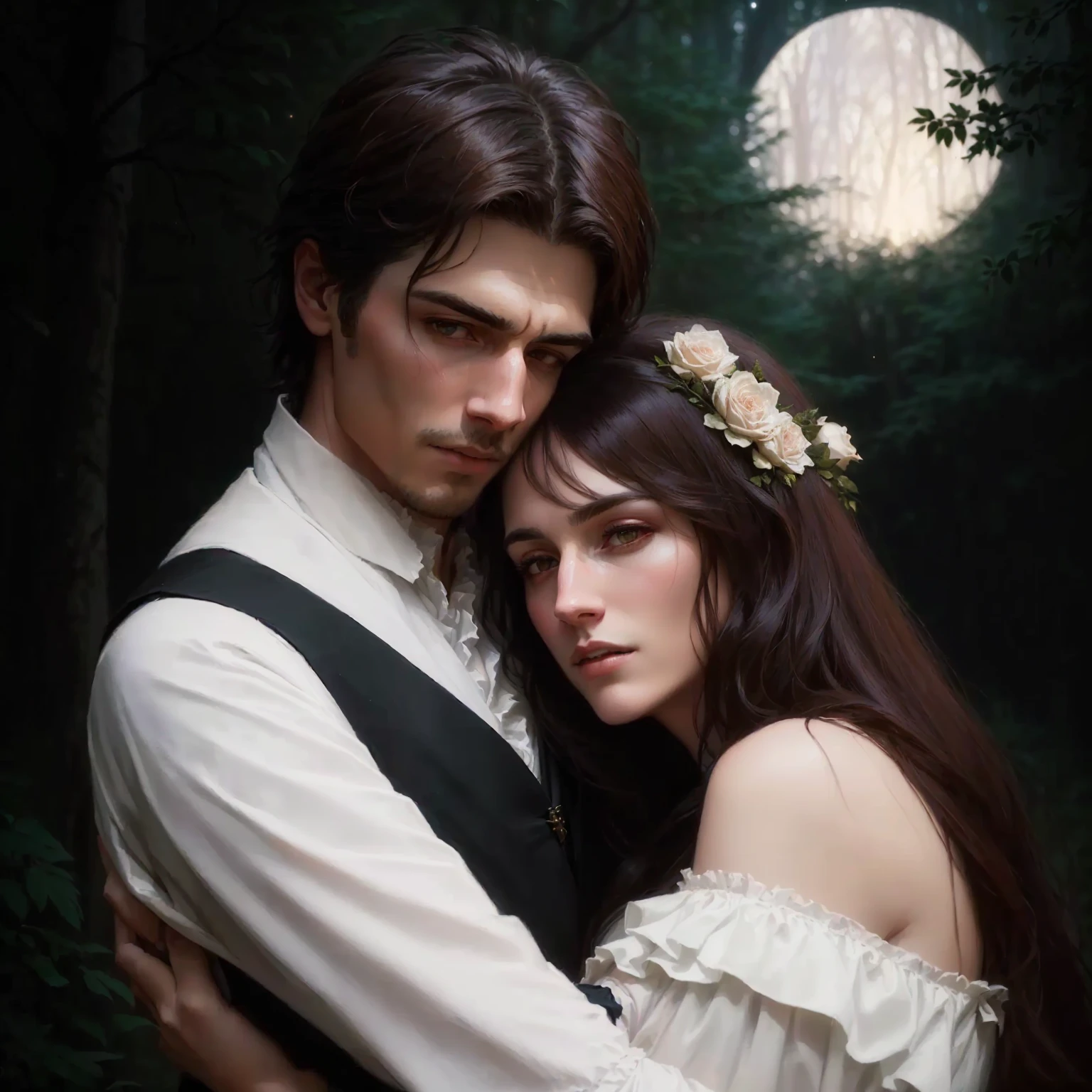 (best quality, masterpiece), ultra-detailed, CG unity 8k wallpaper, an extremely handsome man,(1man), a gorgeous witch,(1woman), sneaking away into the woods, showing their love for each other, in a romantic atmosphere, with soft light, background with trees, flowers, and candles, twilight, passionate kissing.