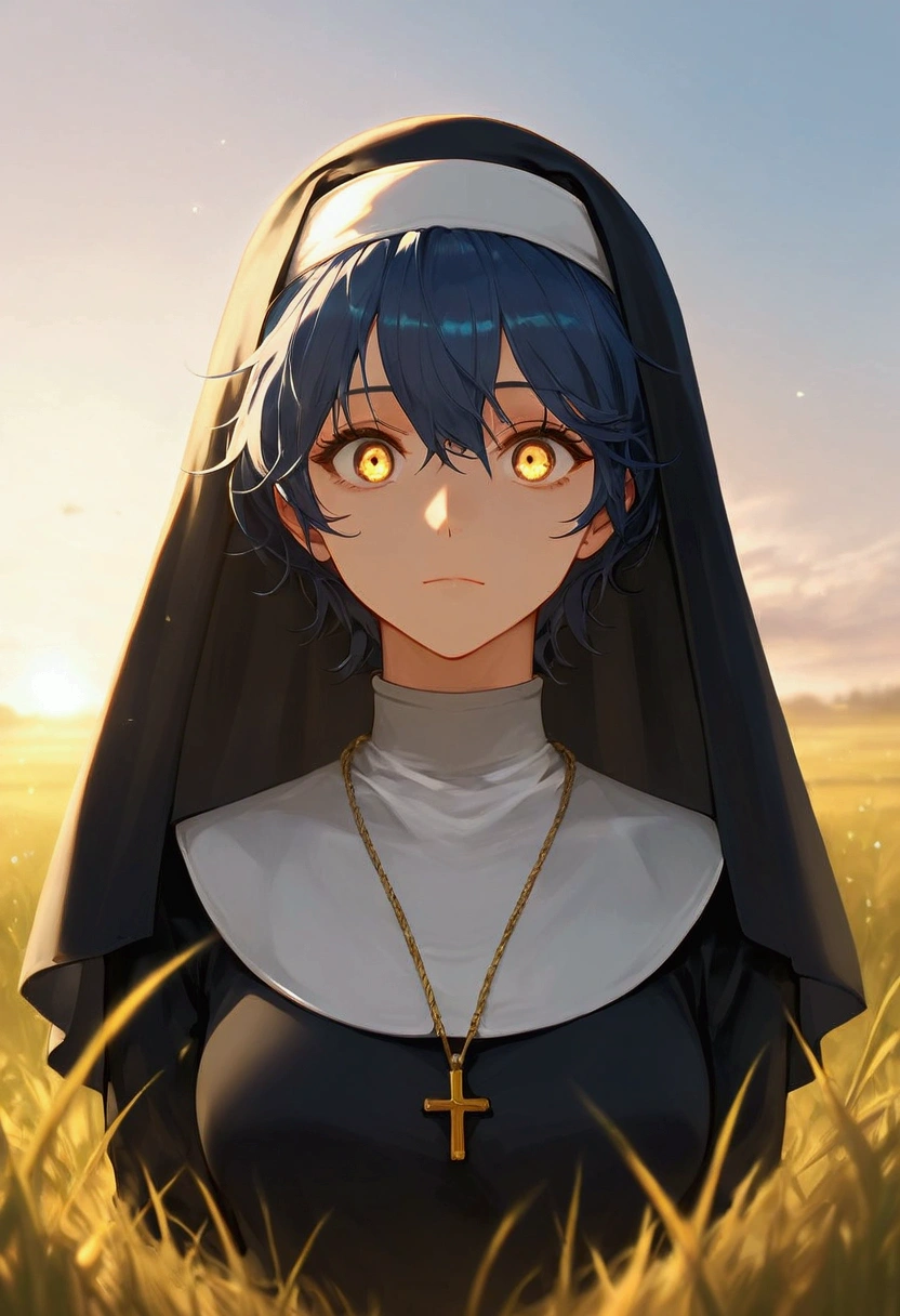 score_9, score_8_up, score_7_up, score_6_up, very aesthetic, sun rising, cinematic light, backlighting, light rays, blur background, 1girl, solo, mature woman, beautiful girl, nun, short hair, bangs, messy hair, deep blue hair, yellow eyes, Pretty Face, expressionless, Constricted pupils, surprised, traumatized, light smile, looking at viewer, (background : Natural Field Grass And Blue Sky), Shooting up close, Shooting from the side, foreshortening,