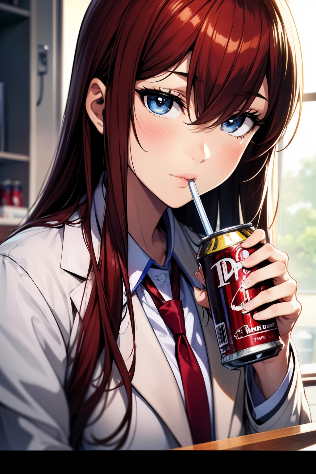 masterpiece、Best Quality、High resolution、Detailed face、((anime、anime塗り、animeカラーリング、RAW Photos)),makise kurisu,1girl, bangs, belt, blue eyes, hair between eyes, long hair, looking at viewer, makise kurisu, necktie, labcoat, 、red hair, shirt, Alone, Random Pause、Random Angle、Face close-up、Laboratory、graduate School,((Drinking Dr. Pepper from a can)),upper body,blush